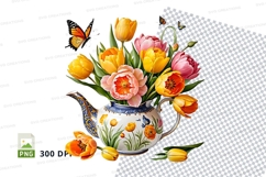 Vintage teapot with tulips clipart png Product Image 1
