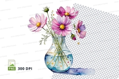 Watercolor cosmo flowers in vase clipart png Product Image 1