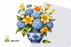 Floral bouquet in blue and white vase clipart png Product Image 1