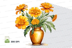 Clipart png of yellow marigold flowers in a golden vase Product Image 1