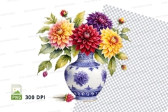 Watercolor flower bouquet in blue and white vase clipart png Product Image 1