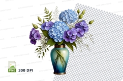 Blue and purple hydrangea bouquet in vase clipart png Product Image 1