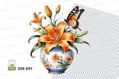 Floral vase with butterfly clipart png Product Image 1