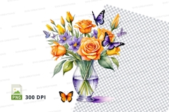 Watercolor bouquet of flowers in vase with butterflies png Product Image 1