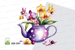 Clipart png of orchids in a polka dot teapot Product Image 1