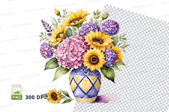 Watercolor bouquet of flowers in vase clipart png Product Image 1