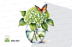 Watercolor hydrangea and butterfly in vase clipart png Product Image 1