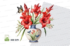 Red gladiolus flowers in blue vase clipart png Product Image 1