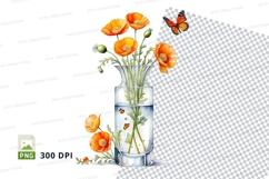 Watercolor orange poppies in vase clipart png Product Image 1