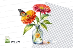 Watercolor flower bouquet with butterfly in vase png Product Image 1