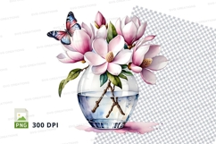 Clipart png of pink magnolia bouquet with butterfly in a vas Product Image 1