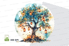 Watercolor tree with hanging lanterns clipart png Product Image 1