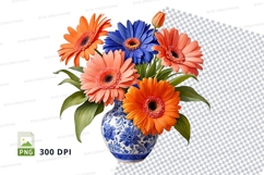 Clipart png of a bouquet of gerbera daisies in a blue vase Product Image 1