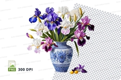 Iris flowers in a blue and white vase clipart png Product Image 1