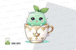 Cartoon tea cup with green character clipart png Product Image 1