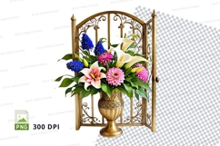 Floral arrangement in gold vase on wrought iron gate mockup Product Image 1