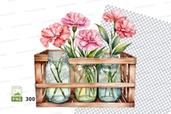 Watercolor floral carnation bouquet in mason jars wooden cra Product Image 1
