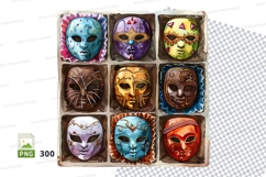 Box of nine colorful venetian masks Product Image 1
