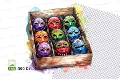 Wooden box mockup with colorful mask designs Product Image 1