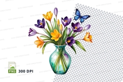 Watercolor bouquet of flowers in vase with butterfly clipart Product Image 1