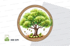 Watercolor tree illustration on round frame clipart png Product Image 1