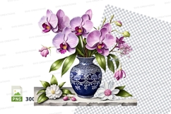 Orchid flower arrangement in blue vase Product Image 1