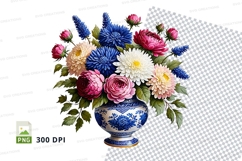 Flower bouquet in blue and white vase clipart png Product Image 1