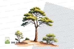 Clipart illustration of a pine tree with small bushes Product Image 1