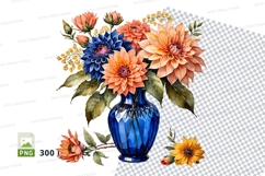 Watercolor floral bouquet in blue vase clipart png Product Image 1