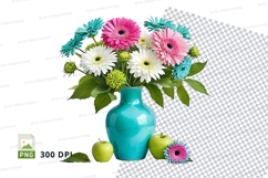 Flower bouquet in blue vase with apples clipart png Product Image 1