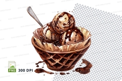 Chocolate ice cream in a waffle cone with drizzled chocolate Product Image 1