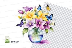 Watercolor flower bouquet with butterflies in vase png Product Image 1