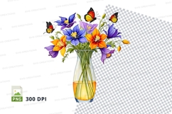Clipart png of a bouquet of flowers in a vase with butterfli Product Image 1