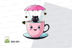 Cute cat in tea cup with umbrella clipart png Product Image 1