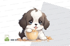 Cute shih tzu puppy eating from bowl clipart png Product Image 1