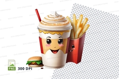 Clipart png of a cartoon milkshake with fries and a burger Product Image 1