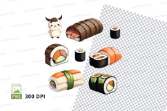 Clipart png of various sushi and cute cow character Product Image 1