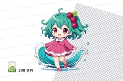 Anime chibi girl with green hair and pink dress clipart png Product Image 1