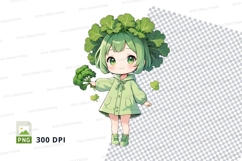 Cute cartoon girl with green hair and clovers clipart png Product Image 1