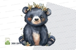 Cute black bear clipart sitting floral crown isolated PNG Product Image 1
