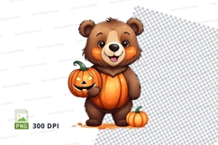 Cute cartoon bear holding pumpkin Halloween clipart PNG Product Image 1