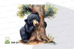 Cute black bear cub hugging tree in forest clipart png Product Image 1