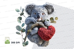 Cute knitted koala plush holding red heart clipart PNG Product Image 1
