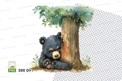 Cute black bear resting under green tree clipart png Product Image 1