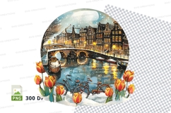 Amsterdam canal clipart tulips cityscape watercolor illustra Product Image 1