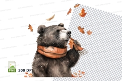 Cute bear scarf autumn leaves clipart transparent PNG Product Image 1