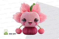 Pink knitted bunny clipart with cherry bow 300 DPI PNG Product Image 1