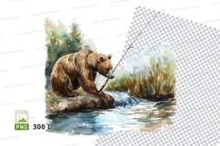 Brown bear fishing in river clipart watercolor illustration Product Image 1