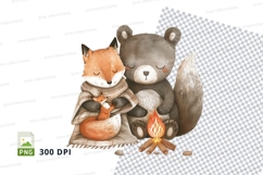 Cute fox and bear clipart camping fire illustration Product Image 1