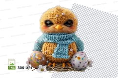 Cute Easter chick knitted sweater holding colorful eggs Product Image 1